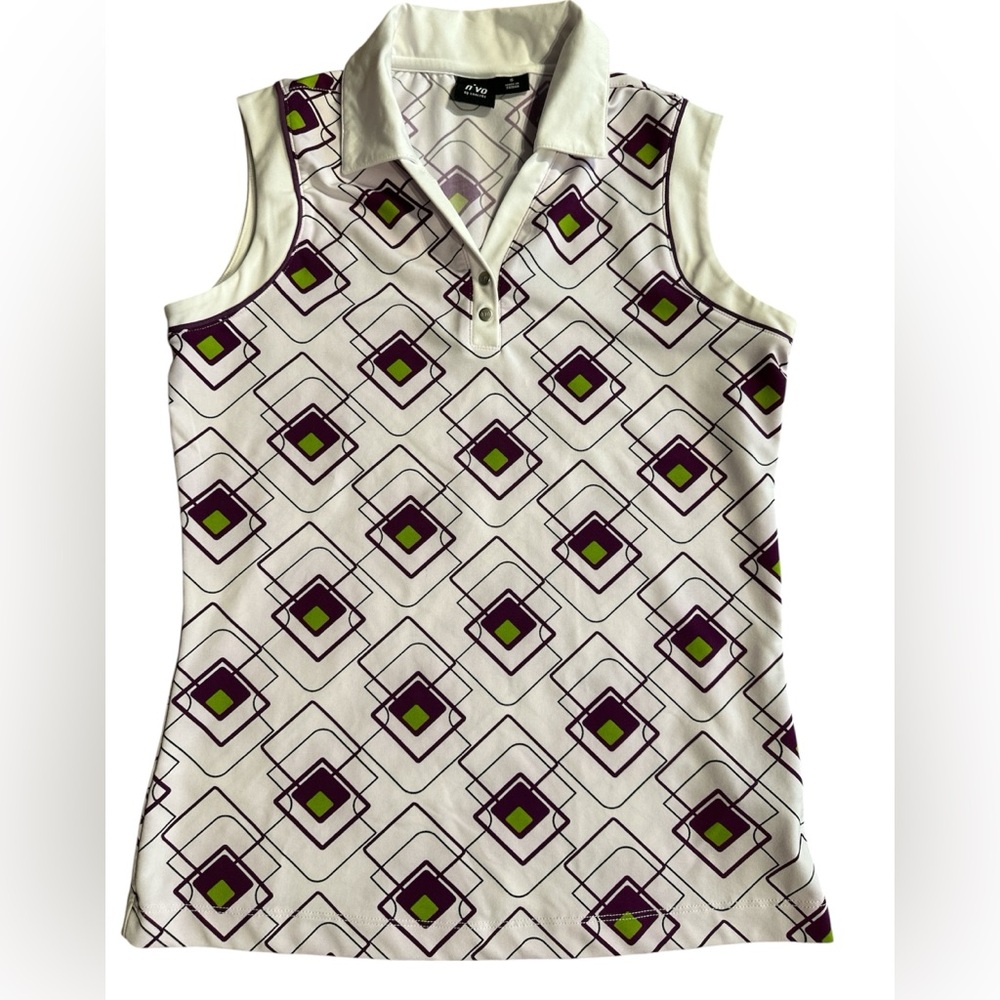 N Vo White with Purple & Green Geometric Top for Golf Tennis Pickleball. Small